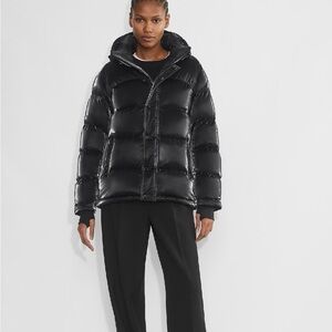 Aritzia Black Super Puff in Liquid Shine